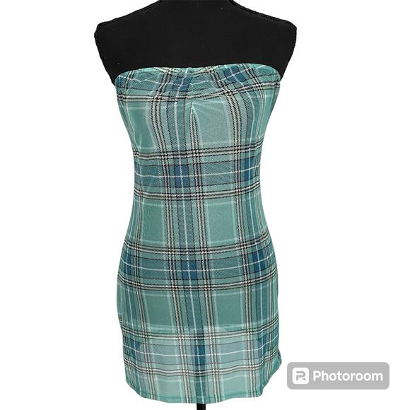 Urban Outfitters Mini Dress Womens Size M Green Plaid Sheer Strapless - Picture 1 of 6